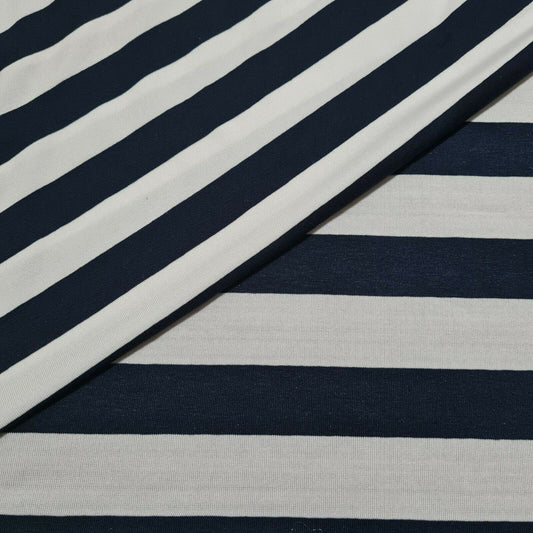Viscose Polyester Jersey Fabric Navy And White Striped 66" Sold By The Metre A1-103