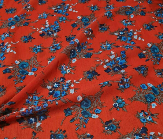 CHIFFON FABRIC BLUE FLORAL PRINTED RED COLOUR-SOLD BY THE METRE