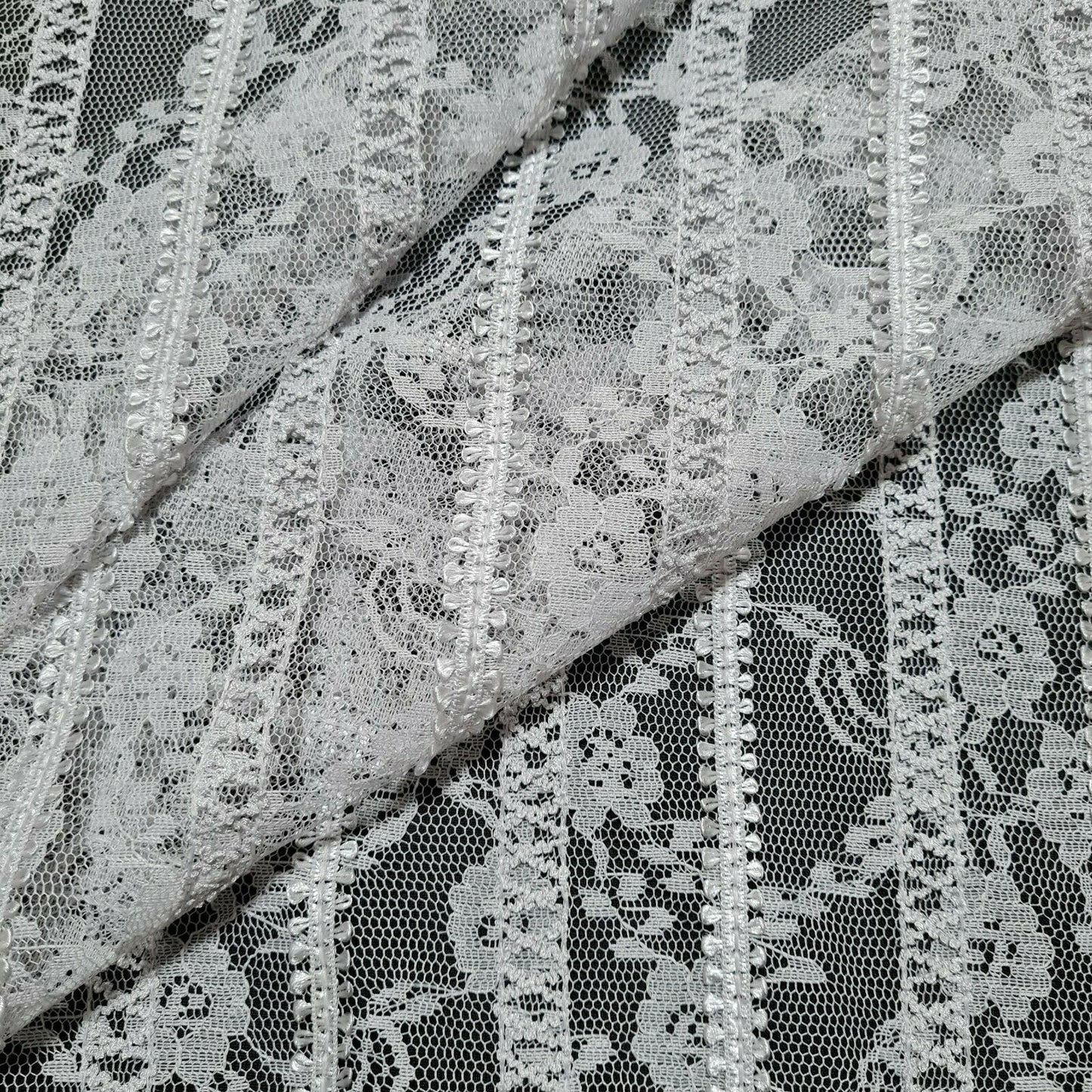 Striped Ribbon Floral Lace Fabric Light Grey Non Stretch Sold By The Metre