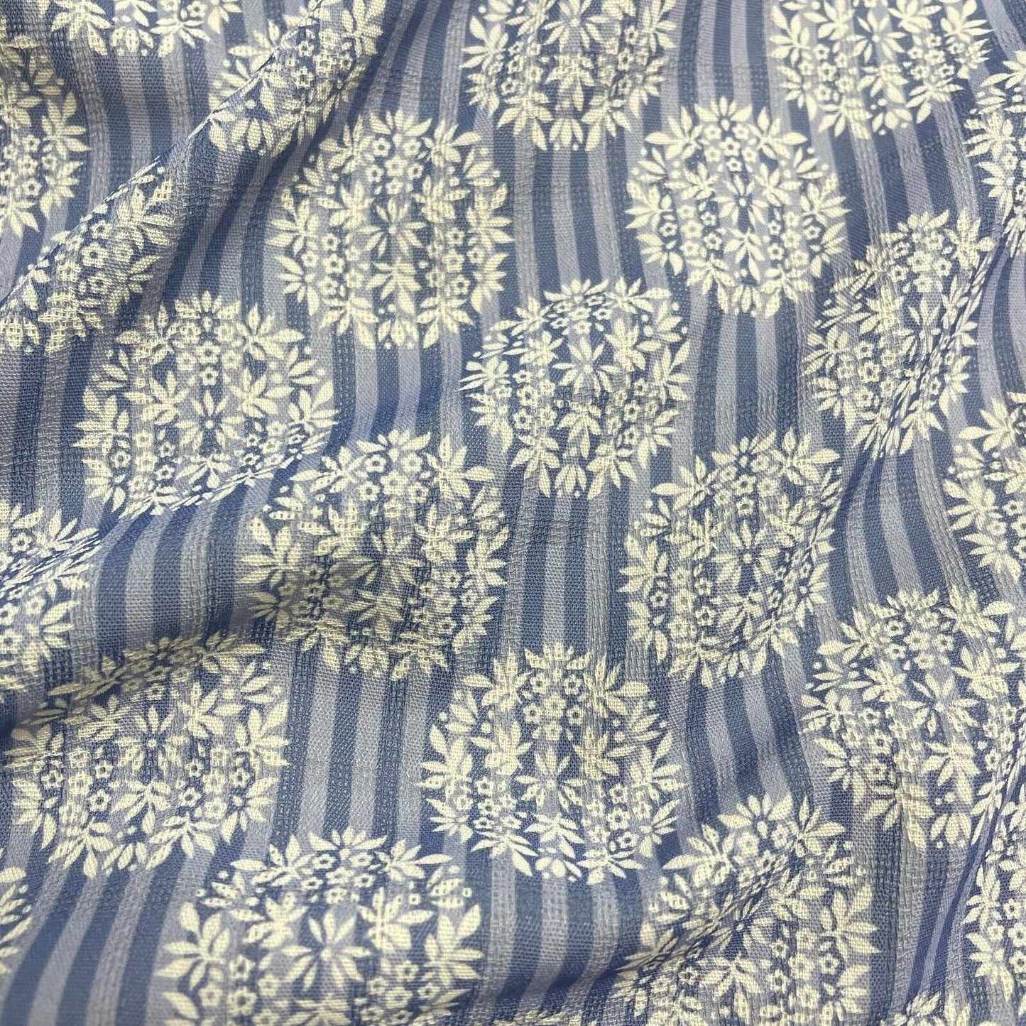 Crepe Fabric Striped and Floral Blue and Ivory 55" Wide Non-Stretch