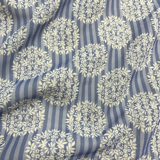 Crepe Fabric Striped and Floral Blue and Ivory 55" Wide Non-Stretch