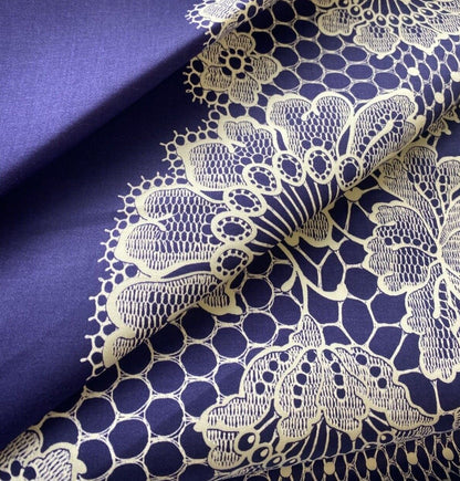 Cotton Satin Fabric White Lace Pattern Border Printed Navy Colour 55'' Wide