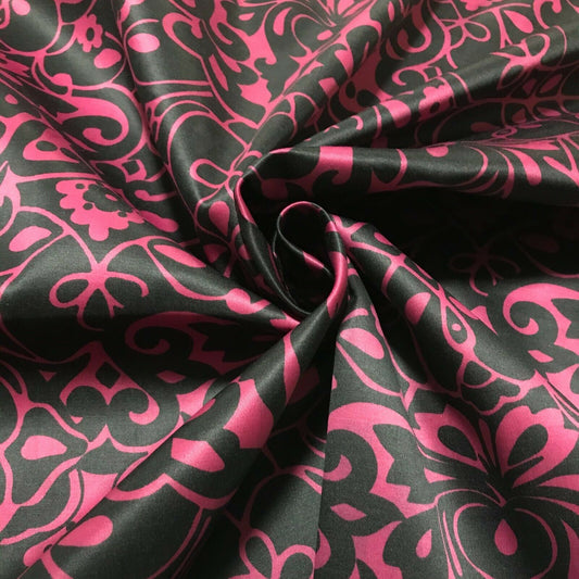 Cotton Sateen Fabric Trellis Printed Fuchsia And Black Colours 55" Wide