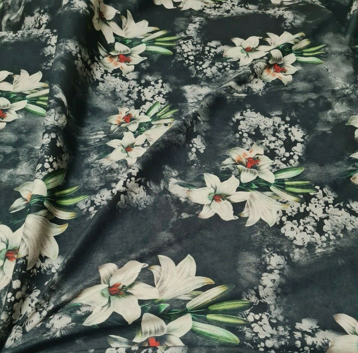 STRETCH DRESSMAKING FABRIC FLORAL PRINTED VELOUR TOUCH - SOLD BY THE METRE