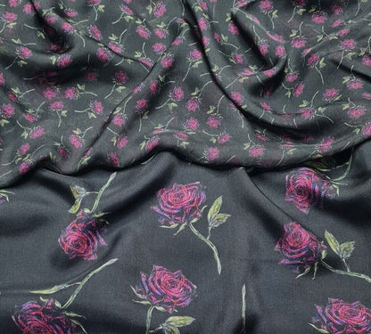 Pure Silk Chiffon Fabric Pink Rose Printed Black Colour 51" Wide Sold By Metre