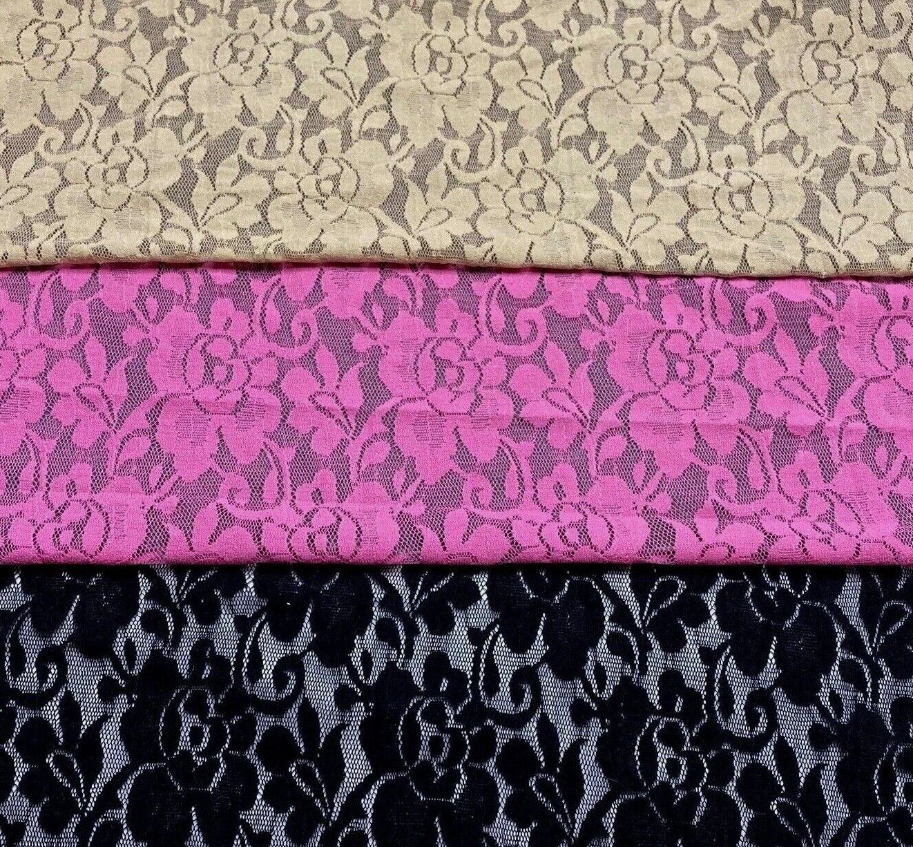 Floral Lace Fabric Black Beige Pink Colours 2 Way Stretch 55" Wide