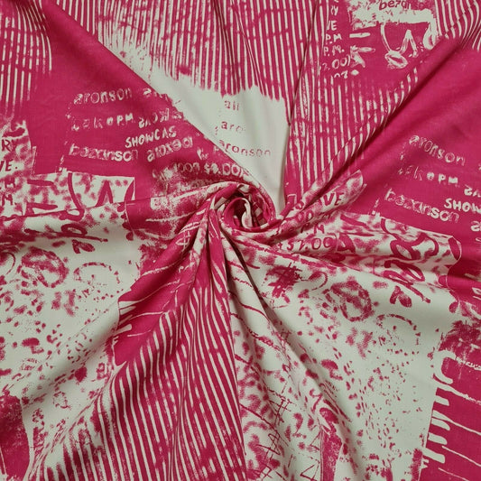 Sateen Fabric Cotton Blend Fuchsia And Ivory Letter Printed 47" Wide