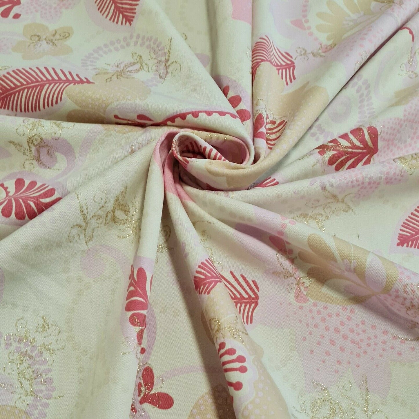 Cotton Polyamide Sateen Fabric Gold Silvery Floral Printed Sold By The Metre