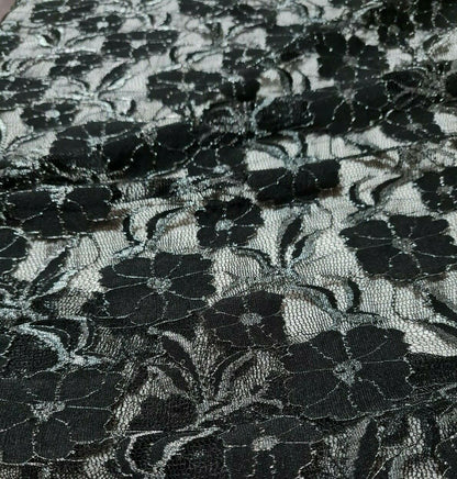 BLACK LACE FABRIC FLORAL SILVER SHINY STRETCH - SOLD BY THE METRE