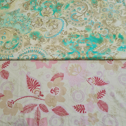 Cotton Polyamide Sateen Fabric Gold Silvery Floral Printed Sold By The Metre