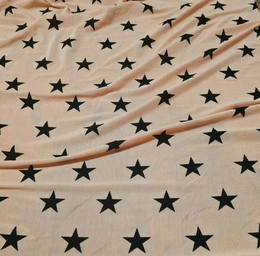 STRETCH TULLE FABRIC BLACK FLOCKED STAR PRINTED PEACH COLOUR NET-SOLD BY METRE