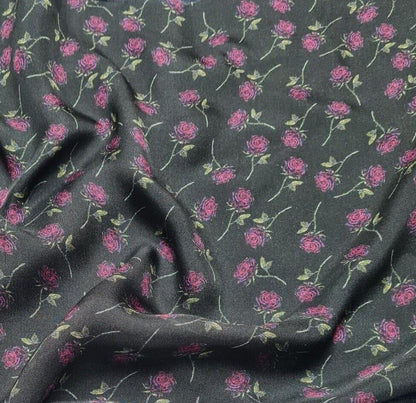 Pure Silk Chiffon Fabric Pink Rose Printed Black Colour 51" Wide Sold By Metre