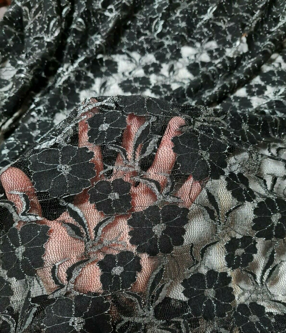 BLACK LACE FABRIC FLORAL SILVER SHINY STRETCH - SOLD BY THE METRE