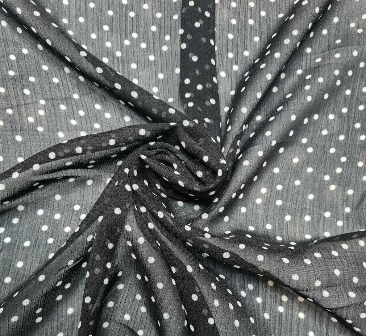 Crinkled Chiffon Fabric Small White Spotted Black Colour 55" Wide Sold By Metre