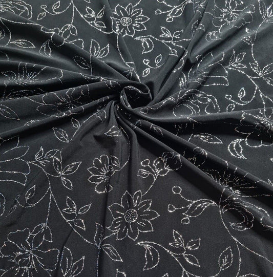 Shiny Jersey Fabric Silver Glitter Floral Black Colour 55" Wide 2 Way Stretch