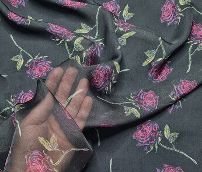 Pure Silk Chiffon Fabric Pink Rose Printed Black Colour 51" Wide Sold By Metre