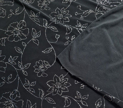 Shiny Jersey Fabric Silver Glitter Floral Black Colour 55" Wide 2 Way Stretch