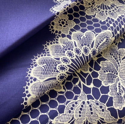 Cotton Satin Fabric White Lace Pattern Border Printed Navy Colour 55'' Wide