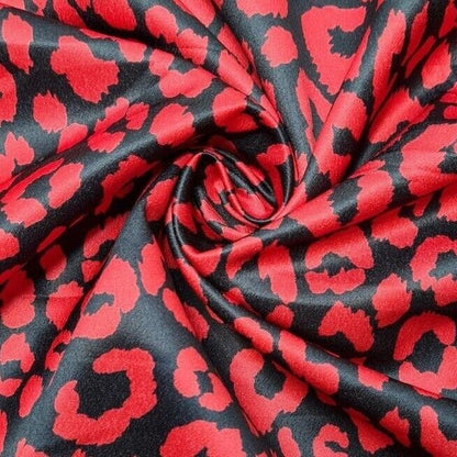 Satin Textured Dressmaking Fabric Red Animal Printed Black Colour 55" Wide