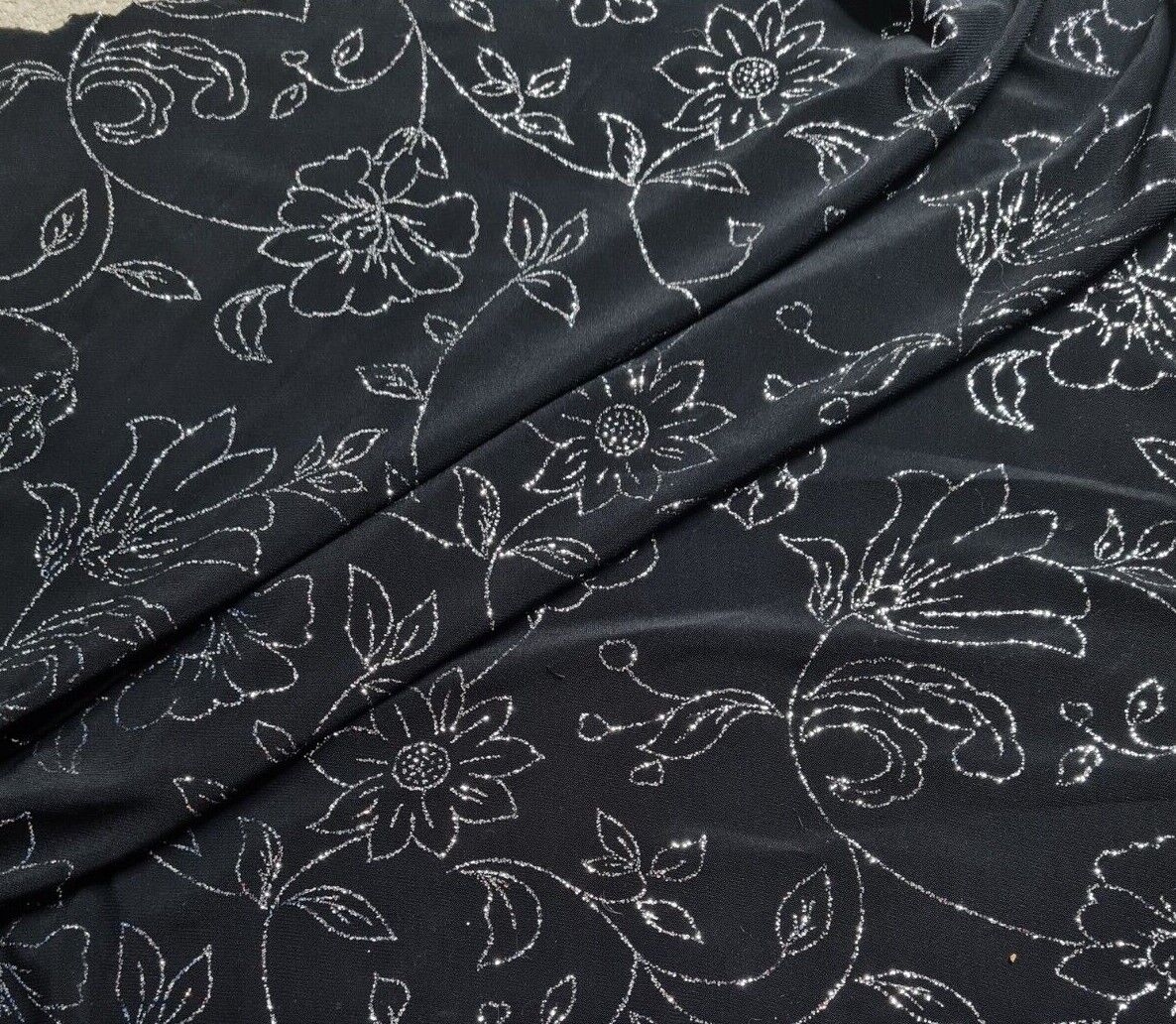 Shiny Jersey Fabric Silver Glitter Floral Black Colour 55" Wide 2 Way Stretch