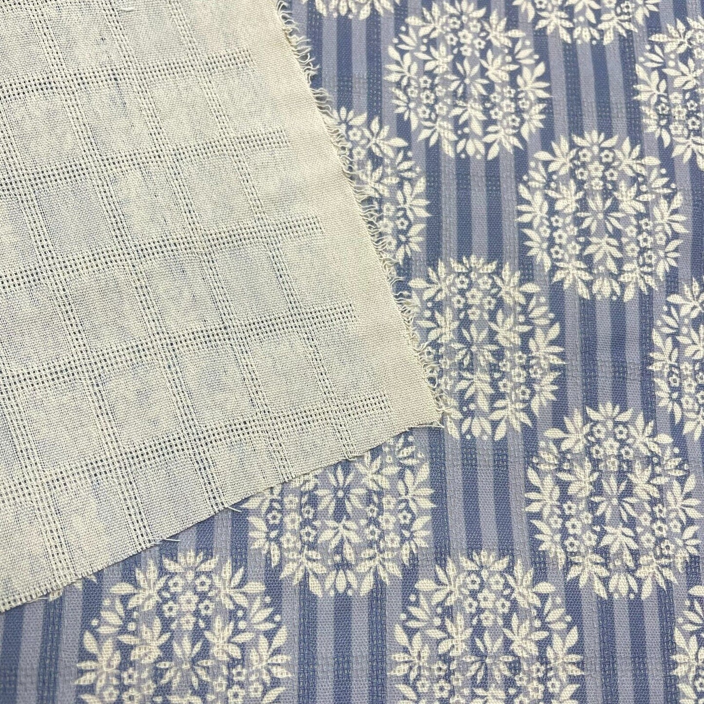 Crepe Fabric Striped and Floral Blue and Ivory 55" Wide Non-Stretch