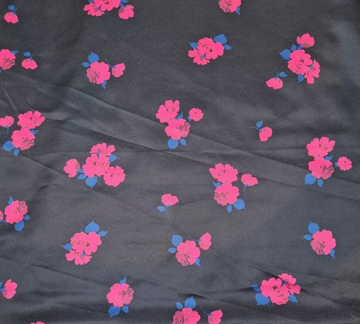 Satin Textured Dressmaking Fabric Fuchsia And Blue Floral Printed Black Colour