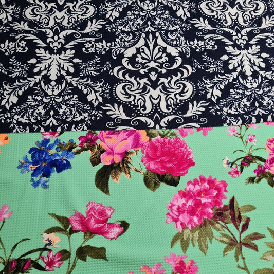 Double Knit Jersey Fabric Damask And Floral Printed 4 Way Stretch 55" Wide