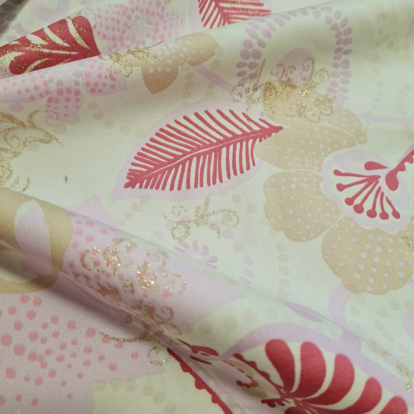 Cotton Polyamide Sateen Fabric Gold Silvery Floral Printed Sold By The Metre