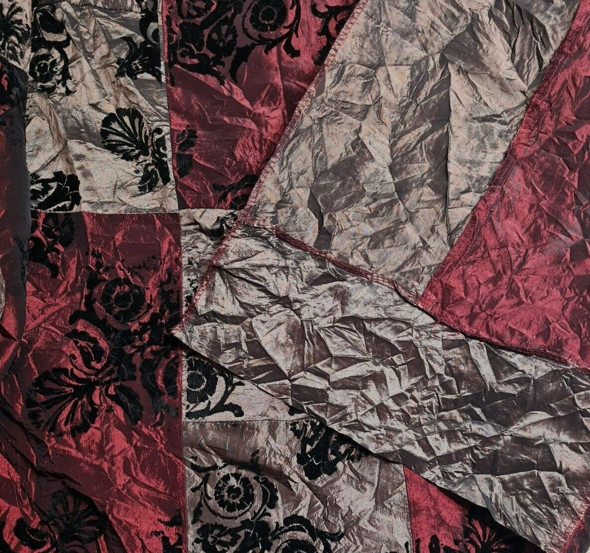 Patchwork Taffeta Fabric Flock Printed Black and Red Crinkled 55" Wide