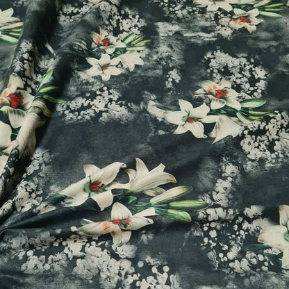 STRETCH DRESSMAKING FABRIC FLORAL PRINTED VELOUR TOUCH - SOLD BY THE METRE