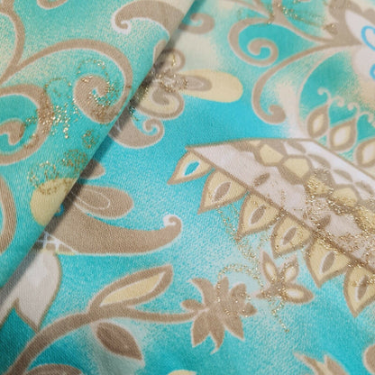 Cotton Polyamide Sateen Fabric Gold Silvery Floral Printed Sold By The Metre