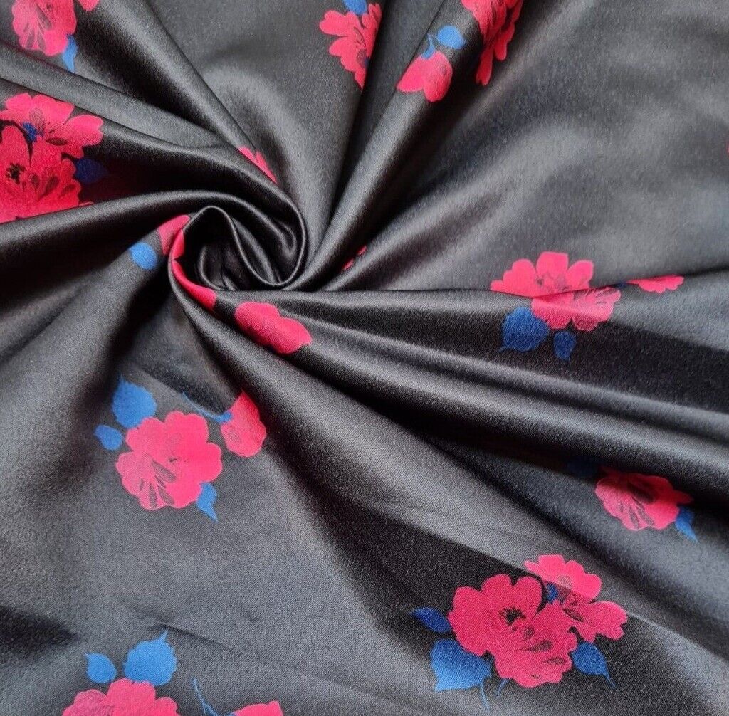 Satin Textured Dressmaking Fabric Fuchsia And Blue Floral Printed Black Colour