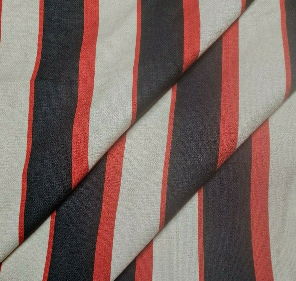 Linen Look Cotton Fabric Black Ivory Red Striped 55" Wide