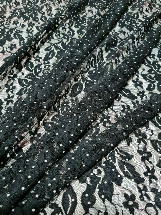 FLORAL LACE FABRIC SPOTTED PRINTED STRETCH BLACK - SOLD BY THE METRE