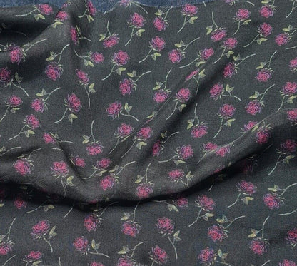 Pure Silk Chiffon Fabric Pink Rose Printed Black Colour 51" Wide Sold By Metre