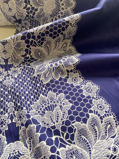 Cotton Satin Fabric White Lace Pattern Border Printed Navy Colour 55'' Wide