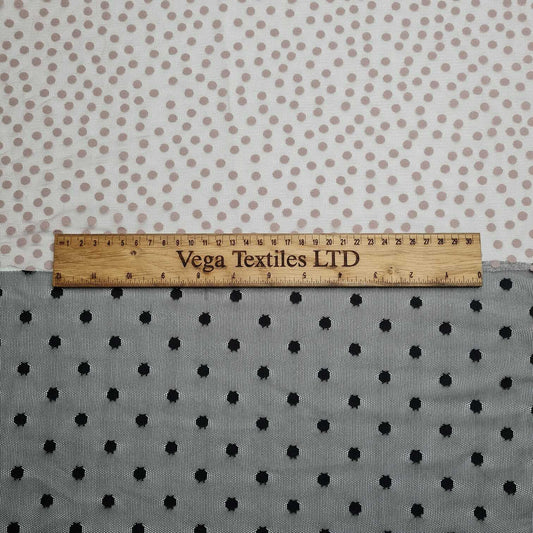 Tulle Mesh Fabric Spotted Black and Mocha Stretch 55" Wide Sold by the Metre