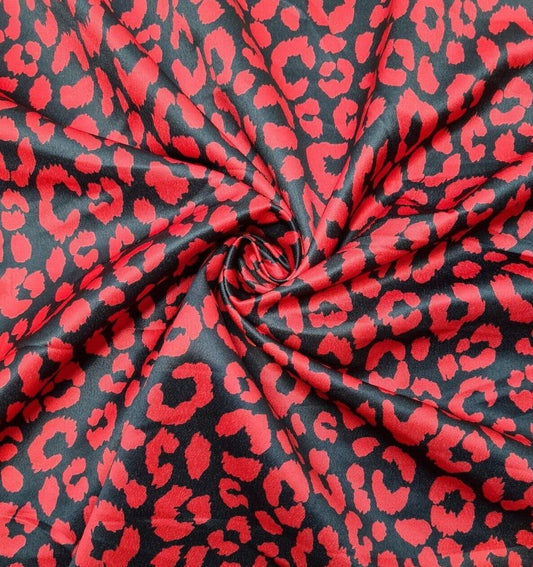 Satin Textured Dressmaking Fabric Red Animal Printed Black Colour 55" Wide