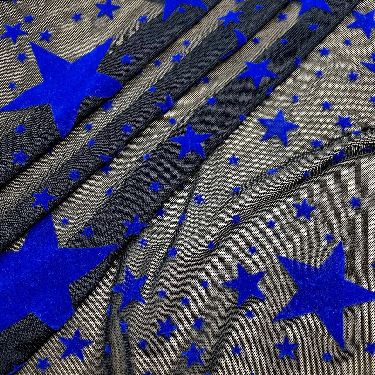 Power Mesh Net Fabric Flocked Blue Stars Black Colour 55" Wide