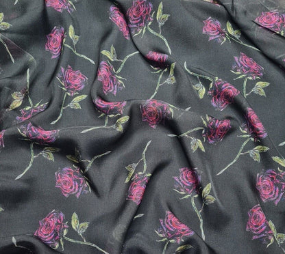 Pure Silk Chiffon Fabric Pink Rose Printed Black Colour 51" Wide Sold By Metre