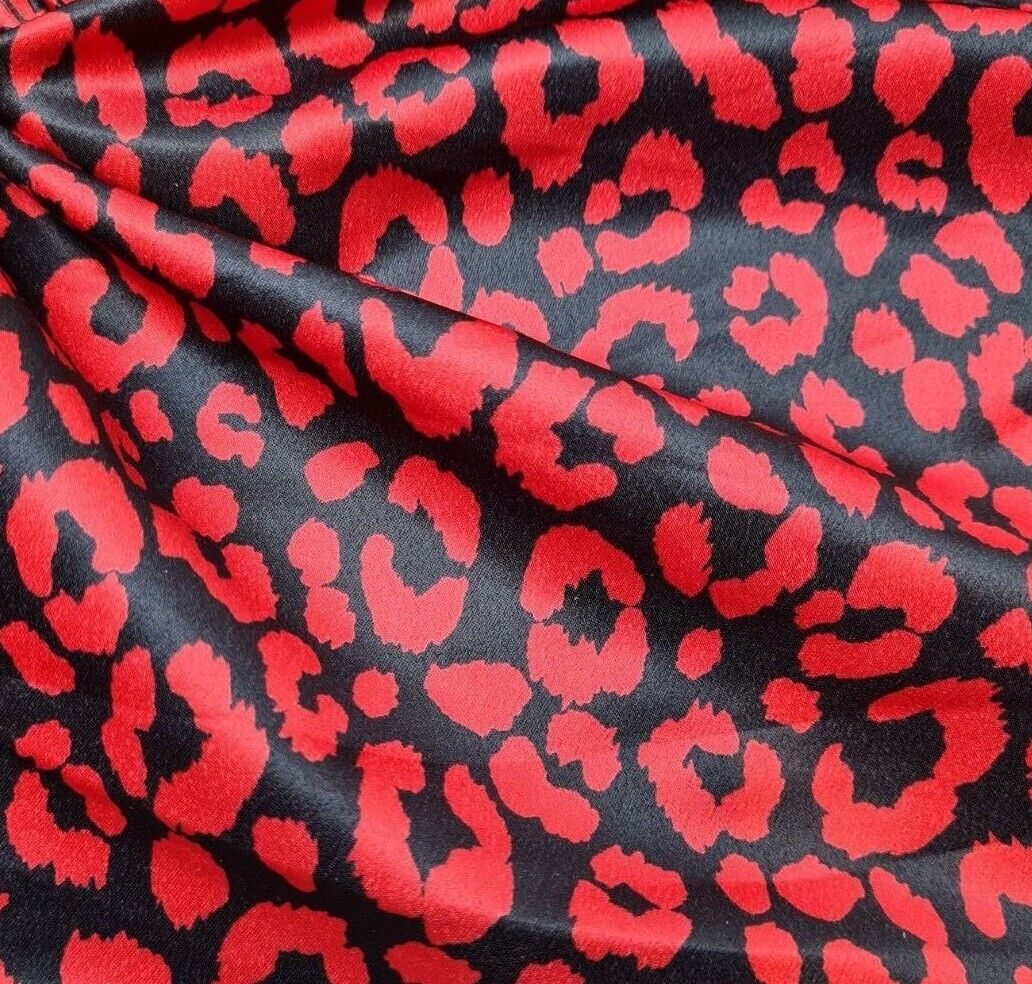 Satin Textured Dressmaking Fabric Red Animal Printed Black Colour 55" Wide