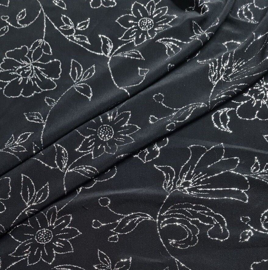 Shiny Jersey Fabric Silver Glitter Floral Black Colour 55" Wide 2 Way Stretch