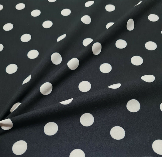 CREPE SCUBA FABRIC WHITE SPOTTED BLACK COLOUR DRESSMAKING SOLD BY THE METRE