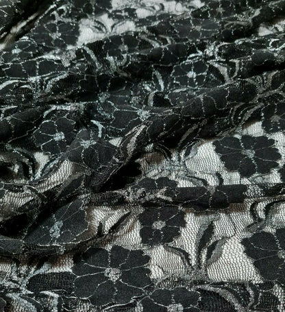 BLACK LACE FABRIC FLORAL SILVER SHINY STRETCH - SOLD BY THE METRE