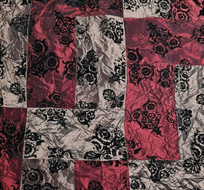 Patchwork Taffeta Fabric Flock Printed Black and Red Crinkled 55" Wide