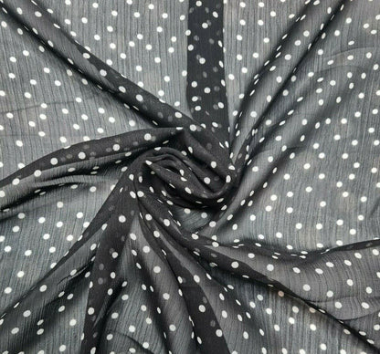 Crinkled Chiffon Fabric Small White Spotted Black Colour 55" Wide Sold By Metre