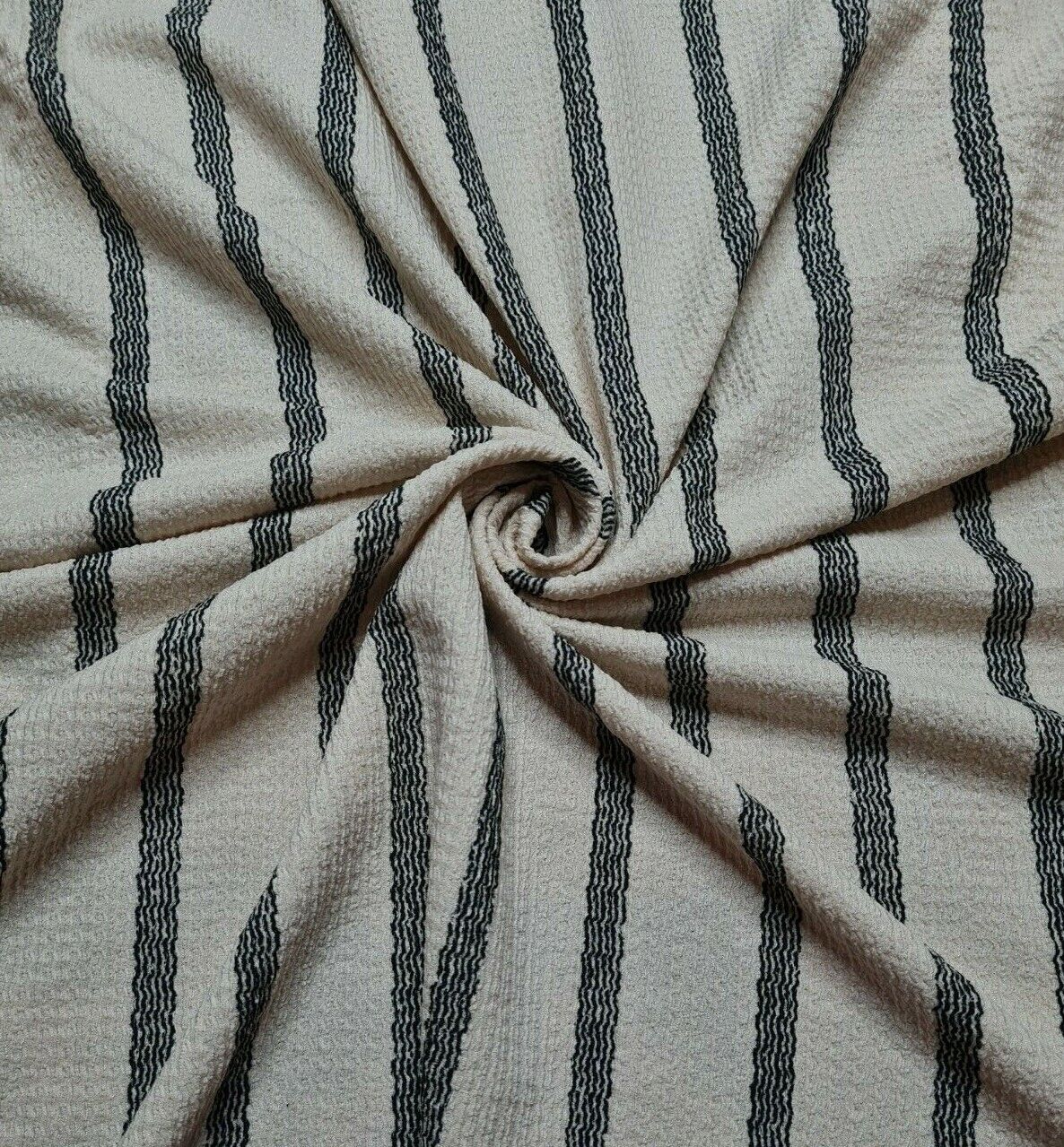 Jersey Fabric Crinkled And Small Figured Black Striped Cream Colour 2Way Stretch