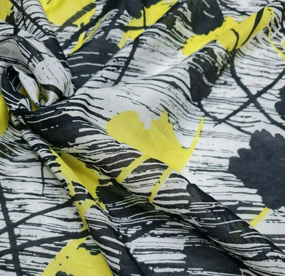 Cotton Silk Voile Fabric Black Ivory Yellow Printed 49" Wide