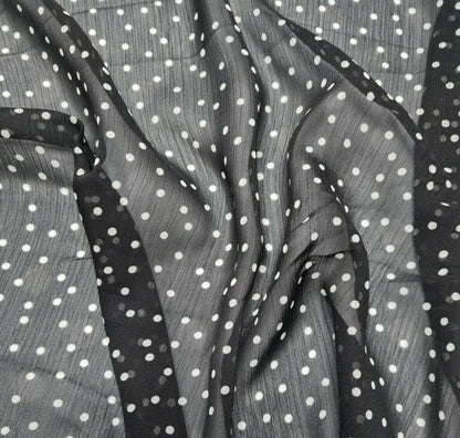 Crinkled Chiffon Fabric Small White Spotted Black Colour 55" Wide Sold By Metre