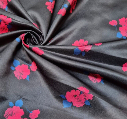 Satin Textured Dressmaking Fabric Fuchsia And Blue Floral Printed Black Colour